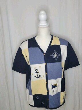 Croft & Barrow Nautical Short Sleeved Sweater Womens Blue Patchwork Sz. XL